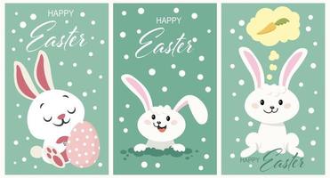 A set of Easter cards. Cute different rabbits and colored eggs on a polka dot background with an inscription. Children's illustrations, holiday decor vector
