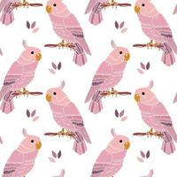 Seamless pattern, hand drawn colorful pink parrots and leaves on a white background. Print, textile, wallpaper, bedroom decor