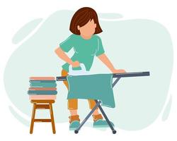 Illustration of homework, cute woman ironing clothes. Pastel colors. Housekeeping concept. Vector