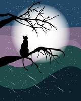 Illustration, night landscape, silhouette of a black cat on a tree branch and the moon on an abstract starry background. Poster, wallpaper, vector