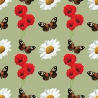 white daisy and brown butterfly seamless vector
