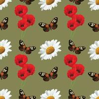 white daisy and brown butterfly seamless pattern art hand draw design vector