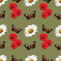 white daisy and brown butterfly seamless pattern art hand draw design vector