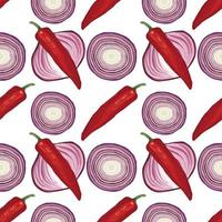 onion and red chili hand draw vegetable seamless pattern design vector
