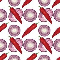 cebolla y chile rojo dibujo a mano vegetal diseño de patrones sin fisuras vector