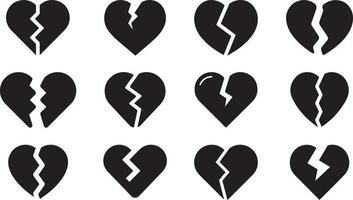 black broken heart set. broken heart shaped symbols. vector