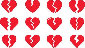 red broken heart set. broken heart shaped symbols. vector