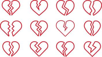 red line broken heart set. broken heart shaped symbols. vector