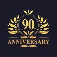 Diseño del 90 aniversario, lujoso logotipo del aniversario de 90 años en color dorado. vector