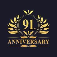 Diseño del 91.º aniversario, lujoso logotipo del aniversario de 91 años en color dorado. vector