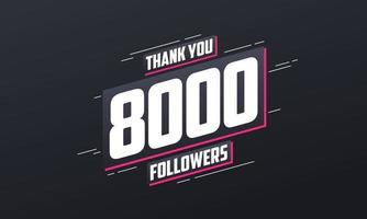 gracias 8000 seguidores, plantilla de tarjeta de felicitación para redes sociales. vector