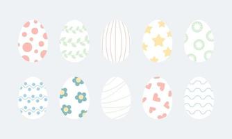 Set of decorated Easter eggs. Various ornaments hearts, stars, dots, lines, flower. Flat illustration in pastel colours for religious holiday. Orthodox easter food collection. Chicken eggs. vector