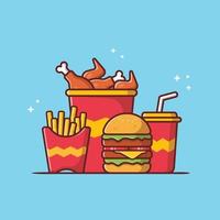 burger with fried chicken french fries soda cartoon icon