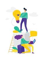 Vector illustration, online assistant at work, online promotion, remote work manager, search for new ideas, teamwork in a company, brainstorming.