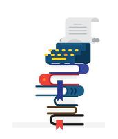 Typewriter on a stack of books. Vector. Flat style. Illustration for poster, print and website. Vintage device with manuscripts. vector