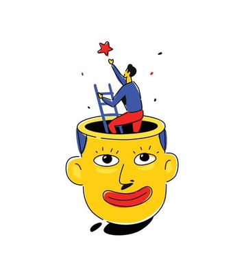 Illustration of a man's head. Vector. Friendly face with a dream. Cartoon flat style. The character gets a star from the sky. Brand company. Dreams come true. Stars are lit. The whole thing icon.