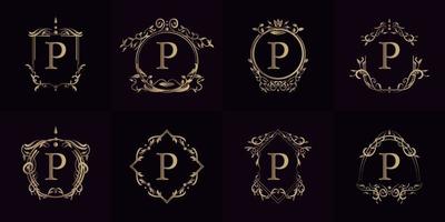 Logo initial P with luxury ornament or flower frame, set collection. vector