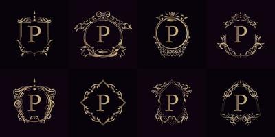 Logo initial P with luxury ornament or flower frame, set collection. vector