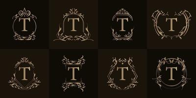 Logo initial T with luxury ornament or flower frame, set collection. vector