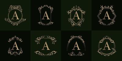 Logo initial A with luxury ornament or flower frame, set collection. vector