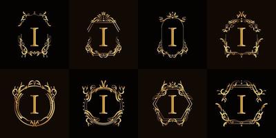 Logo initial I with luxury ornament or flower frame, set collection. vector