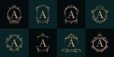 Logo initial A with luxury ornament or flower frame, set collection. vector
