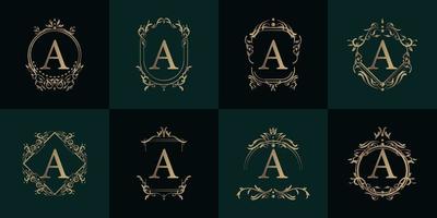 Logo initial A with luxury ornament or flower frame, set collection. vector