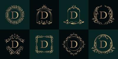 logotipo inicial d con adorno de lujo o marco de flores, colección de juegos. vector