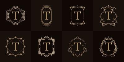 Logo initial T with luxury ornament or flower frame, set collection. vector