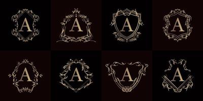 Logo initial A with luxury ornament or flower frame, set collection. vector