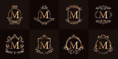 Logo initial M with luxury ornament or flower frame, set collection. vector