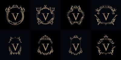 colección de logo inicial v con adorno de lujo o marco de flores vector