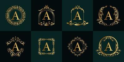 Logo initial A with luxury ornament or flower frame, set collection. vector