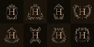 Logo initial H with luxury ornament or flower frame, set collection. vector