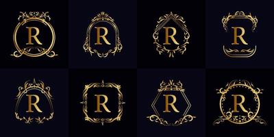 logotipo inicial r con adorno de lujo o marco de flores, colección de juegos. vector