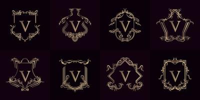 colección de logo inicial v con adorno de lujo o marco de flores vector