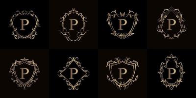 colección de logo inicial p con adorno de lujo o marco de flores vector