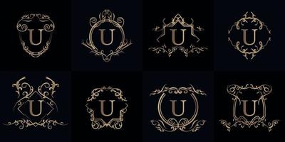 Set of Logo initial U with luxury ornament or flower frame vector