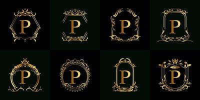 colección de logo inicial p con adorno de lujo o marco de flores vector