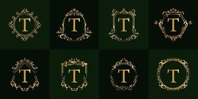 Logo initial T with luxury ornament or flower frame, set collection. vector