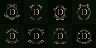 Logo initial D with luxury ornament or flower frame, set collection. vector