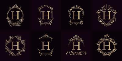 Logo initial H with luxury ornament or flower frame, set collection. vector