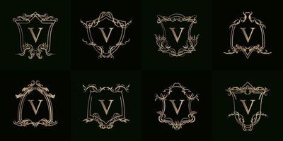 colección de logo inicial v con adorno de lujo o marco de flores vector