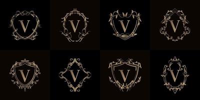 colección de logo inicial v con adorno de lujo o marco de flores vector