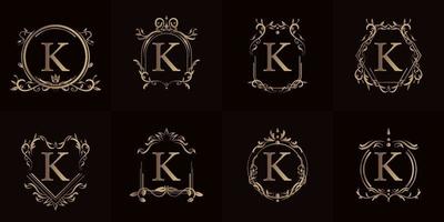 Logo initial K with luxury ornament or flower frame, set collection. vector