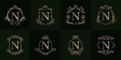 colección de logo inicial n con adorno de lujo o marco de flores vector