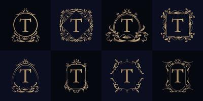 Logo initial T with luxury ornament or flower frame, set collection. vector