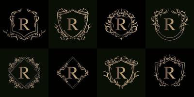 colección de logo inicial r con adorno de lujo o marco de flores vector