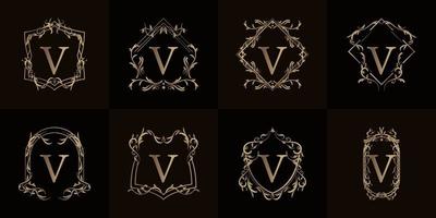 Logo initial V with luxury ornament or flower frame, set collection. vector