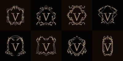 logotipo inicial v con adorno de lujo o marco de flores, colección de juegos. vector